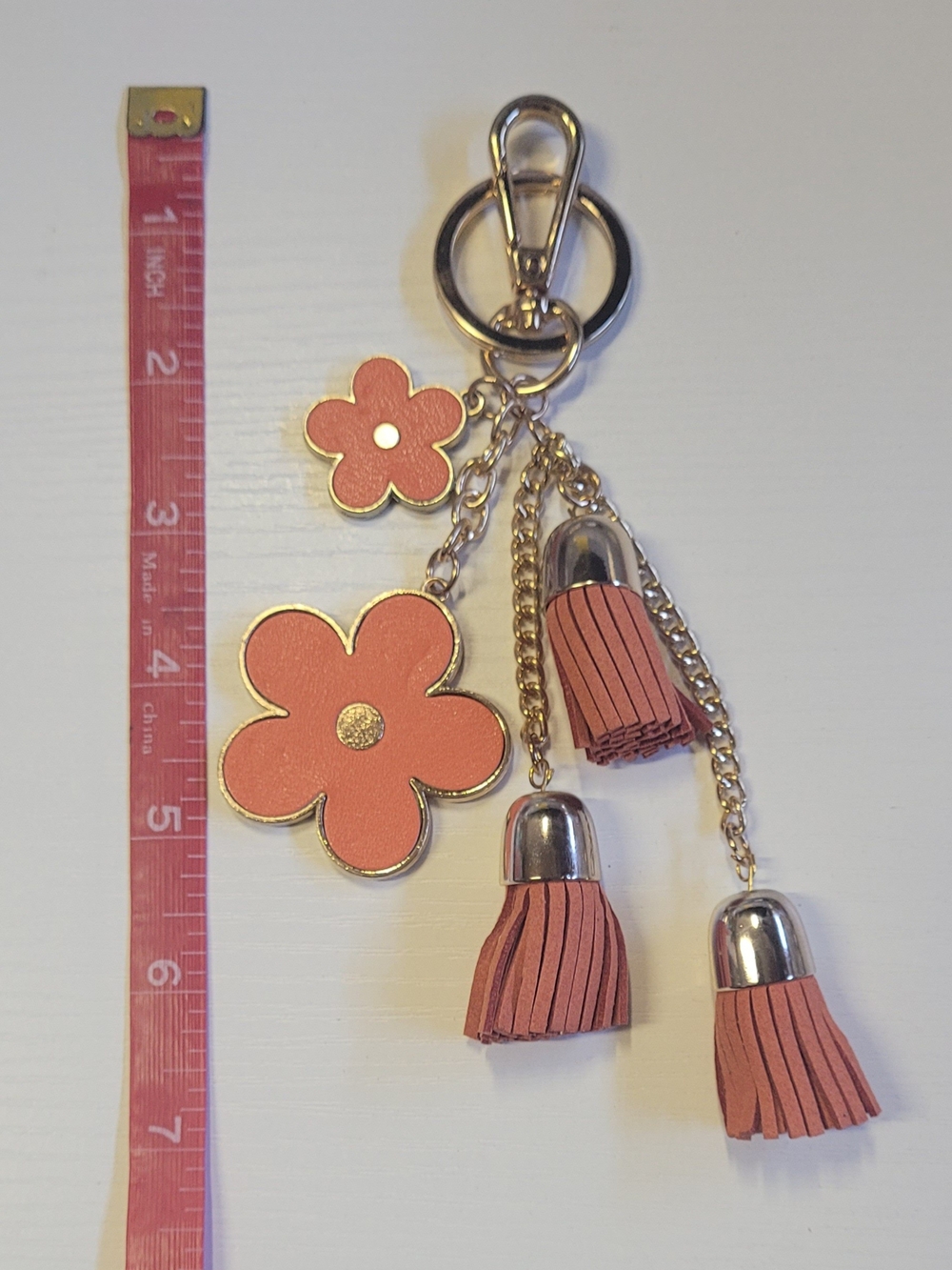 Grapefruit Floral Tassel Keychain Charm - Coral